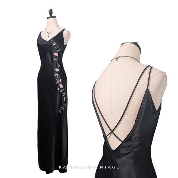 Vintage Zum Zum Prom Dress Maxi Gown 6 Black Pink Glam Goth 90s Y2K Floral Satin - Picture 2 of 11